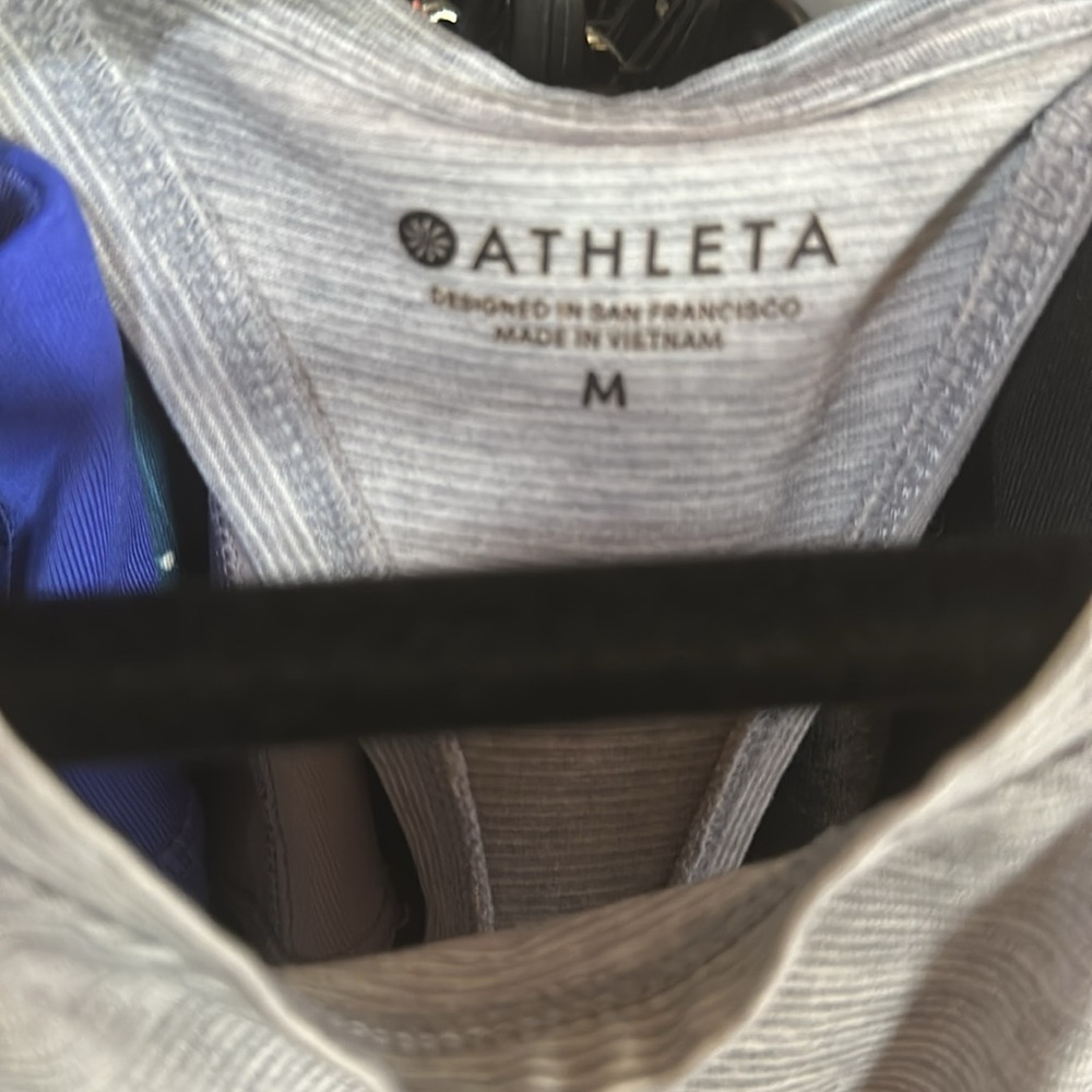 Athleta Racerback Heathered Gray/Blue Tank Striped with Drawstring Ruched Sides - Picture 3 of 9